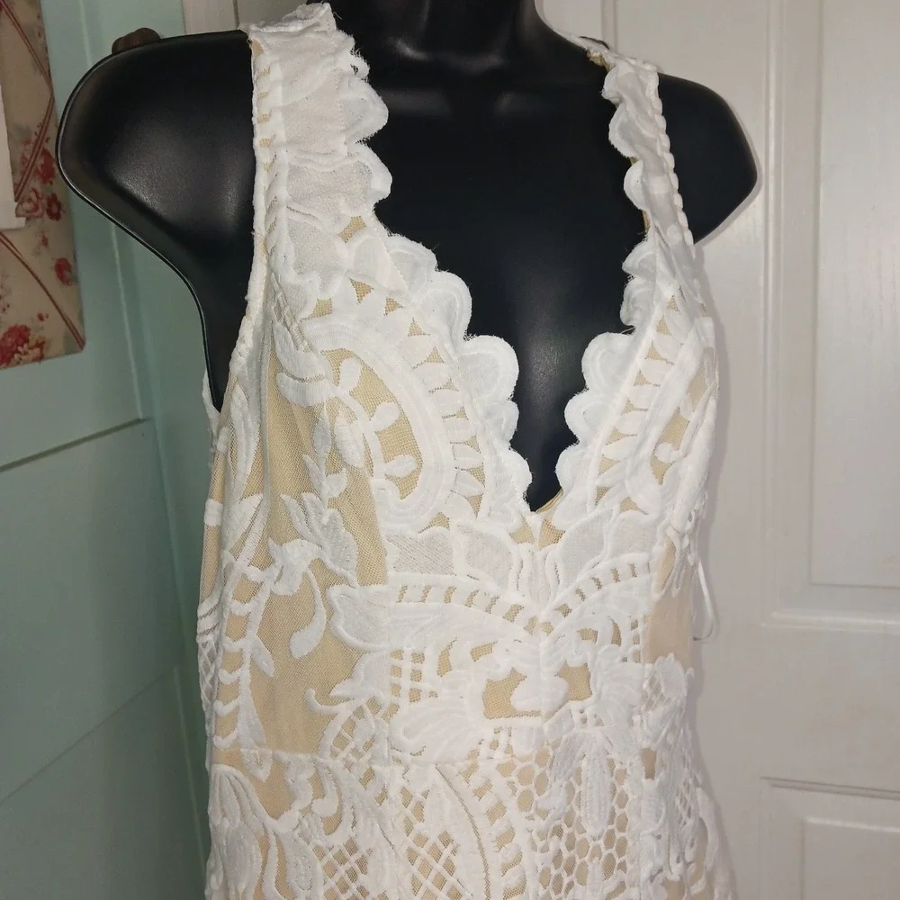 LUXXEL Wedding Bridal Dress Ivory White/Lace Nude lined Boho Maxi Long Gown NWT - Picture 3 of 13